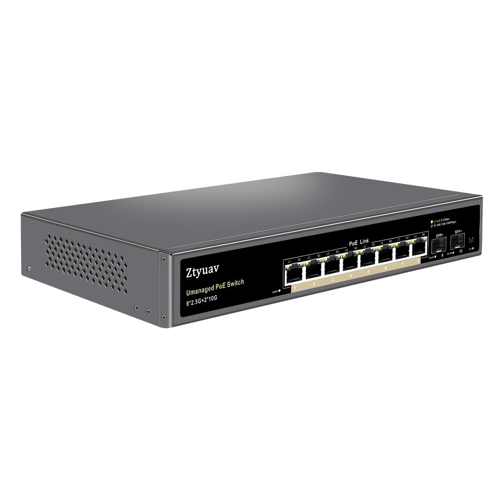 Ztyuav 10 Port Unmanaged 2.5G PoE Switch with 8 x 2.5G PoE+ Ports @120W, 2 x 10G SFP+, IEEE802.3af/at Compliant, Ports Speed Auto-Negotiation, One-Key VLAN, Plug & Play, Fanless Metal Design