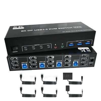 Y0S3QZ1 8K@60Hz Displayport KVM Switch 3 Monitors 4 Computer, DP1.4 Triple Monitor KVM Switch with Audio Microphone Output 3 USB3.0 Port(EU Power Adapter)