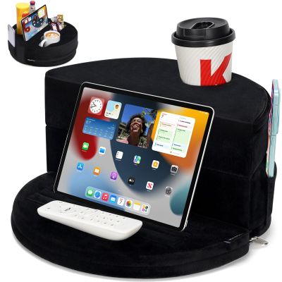2-in-1 Couch Cup Holder & Adjustable Tablet Stand Couch Caddy with Cup Holder with 6 Holes & 2 Pockets | Bed Reading Pillow Hands Free Pad Stand for Drinks, Books, Pad, Kindle, Snacks (Black)
