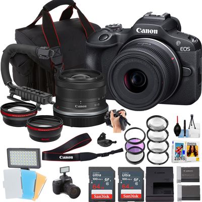 Canon EOS R100 Mirrorless Camera w/18-45mm Lens + 2pc Sandisk 64GB Ultra Memory Card + Camera Case + More (19pc Bundle) (Renewed)