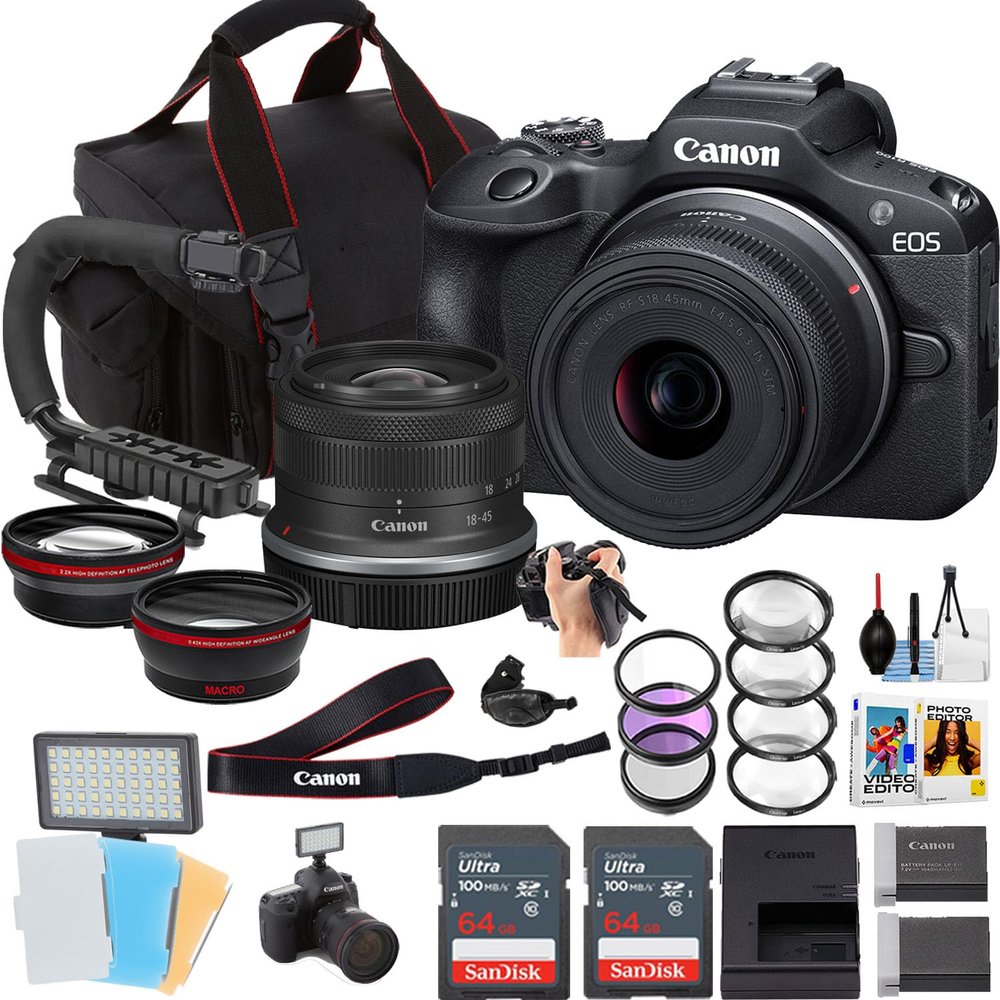 Canon EOS R100 Mirrorless Camera w/18-45mm Lens + 2pc Sandisk 64GB Ultra Memory Card + Camera Case + More (19pc Bundle) (Renewed)
