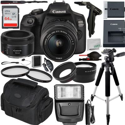 Canon EOS Rebel T7/2000D DSLR Camera with 18-55mm f/3.5-5.6 Zoom Lens and Bundle : Includes - SanDisk Ultra 64GB Memory Card, Tripod Much More (Renewed)