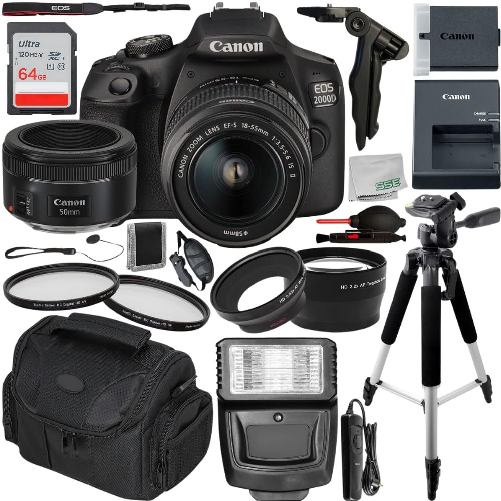 Canon EOS Rebel T7/2000D DSLR Camera with 18-55mm f/3.5-5.6 Zoom Lens and Bundle : Includes - SanDisk Ultra 64GB Memory Card, Tripod Much More (Renewed)