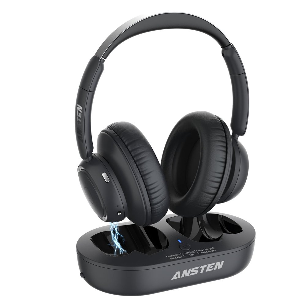 ANSTEN Wireless Headphones for TV with Universally Compatible Transmitter Charging Base, TV Headphone Wireless for Seniors, Bluetooth Headphones No Delay, 35 Hrs Audio Playtime, Plug n Play