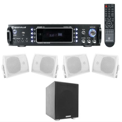 Rockville Bundle: RPA60BT V2 1000W 2-ch Bluetooth DJ Amplifier Mixer Bundle with (4) HP5S-8 5.25" Home Theater Speakers & Rock Shaker 8" Black 400W Home Theater Subwoofer (4 Items)
