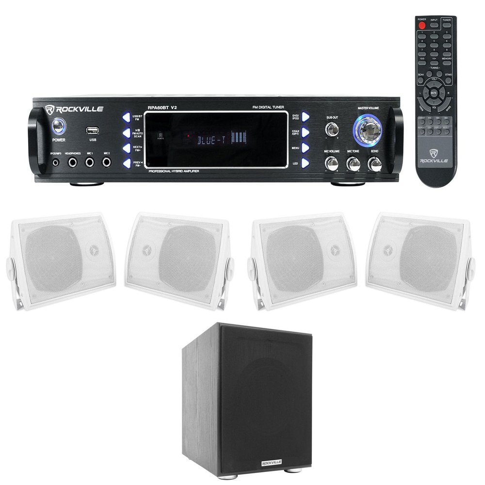 Rockville Bundle: RPA60BT V2 1000W 2-ch Bluetooth DJ Amplifier Mixer Bundle with (4) HP5S-8 5.25" Home Theater Speakers & Rock Shaker 8" Black 400W Home Theater Subwoofer (4 Items)