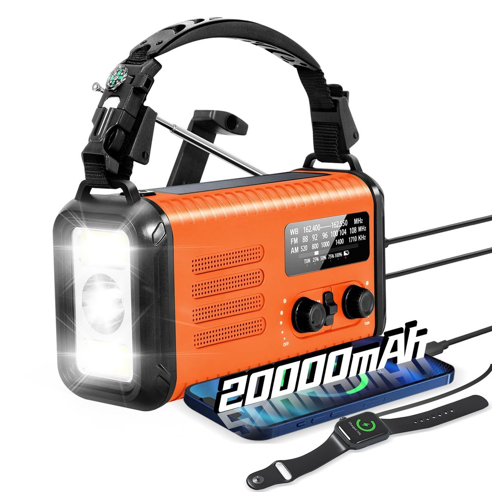 Emergency Weather Radio, 20000mAh Solar Radio, Hand Crank Radio with AM/FM/NOAA, Portable Radios with Flashlight & Reading Lamp, Earphone Jack, SOS Alarm, Phone Charger for Indoor Outdoor Emergencies