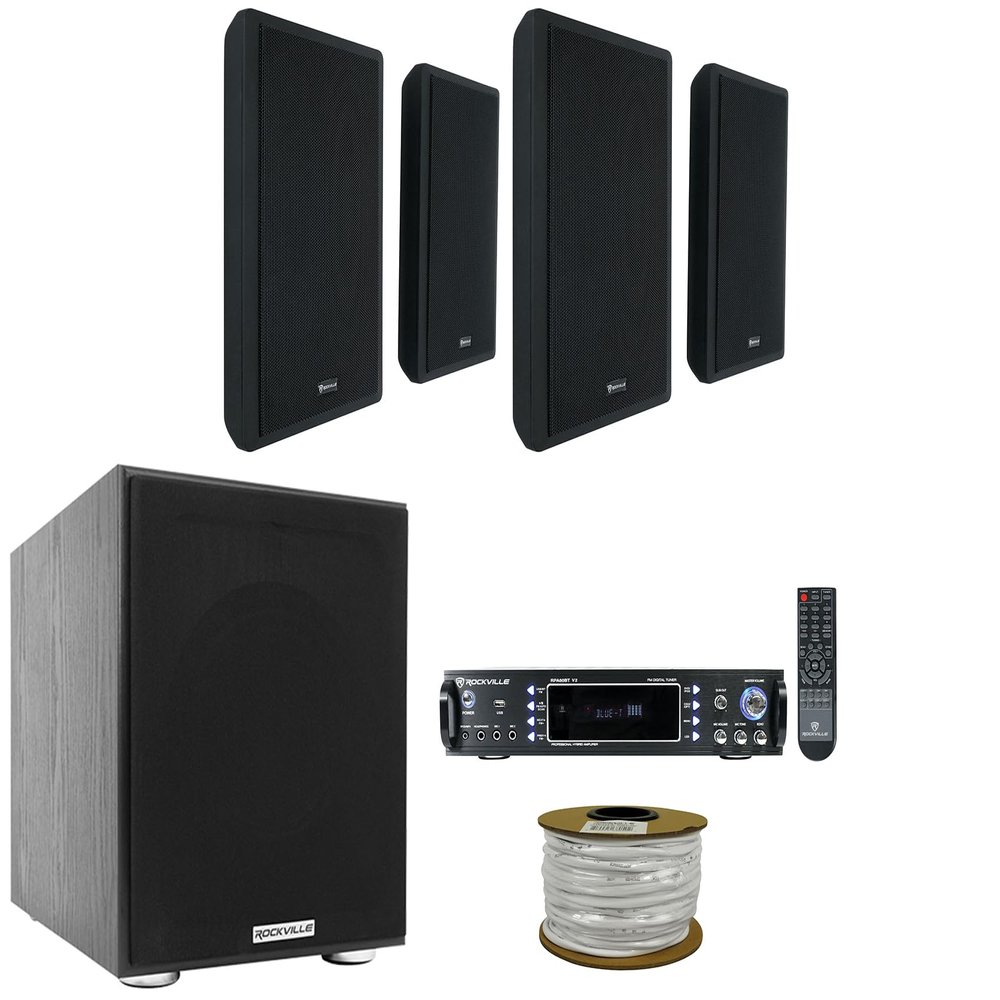 Rockville Bundle: (2) Pair RockSlim Black Home Theater 5.25" 240W Wall Mount Speakers Bundle with Rock Shaker 8" Home Theater Subwoofer, 2-Ch Bluetooth Karaoke Amplifier Mixer & Speaker wire (5 items)