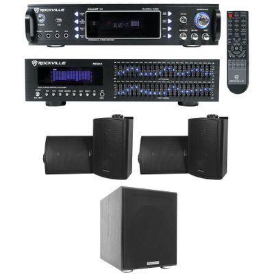Rockville Bundle: RPA60BT V2 1000W 2-ch Bluetooth Amplifier Mixer Bundle with 2x21 band Rack Mount Equalizer, (4) 5.25" Black Wall Mount Home Speakers & Rock Shaker 8" Home Theater Subwoofer (5 items)