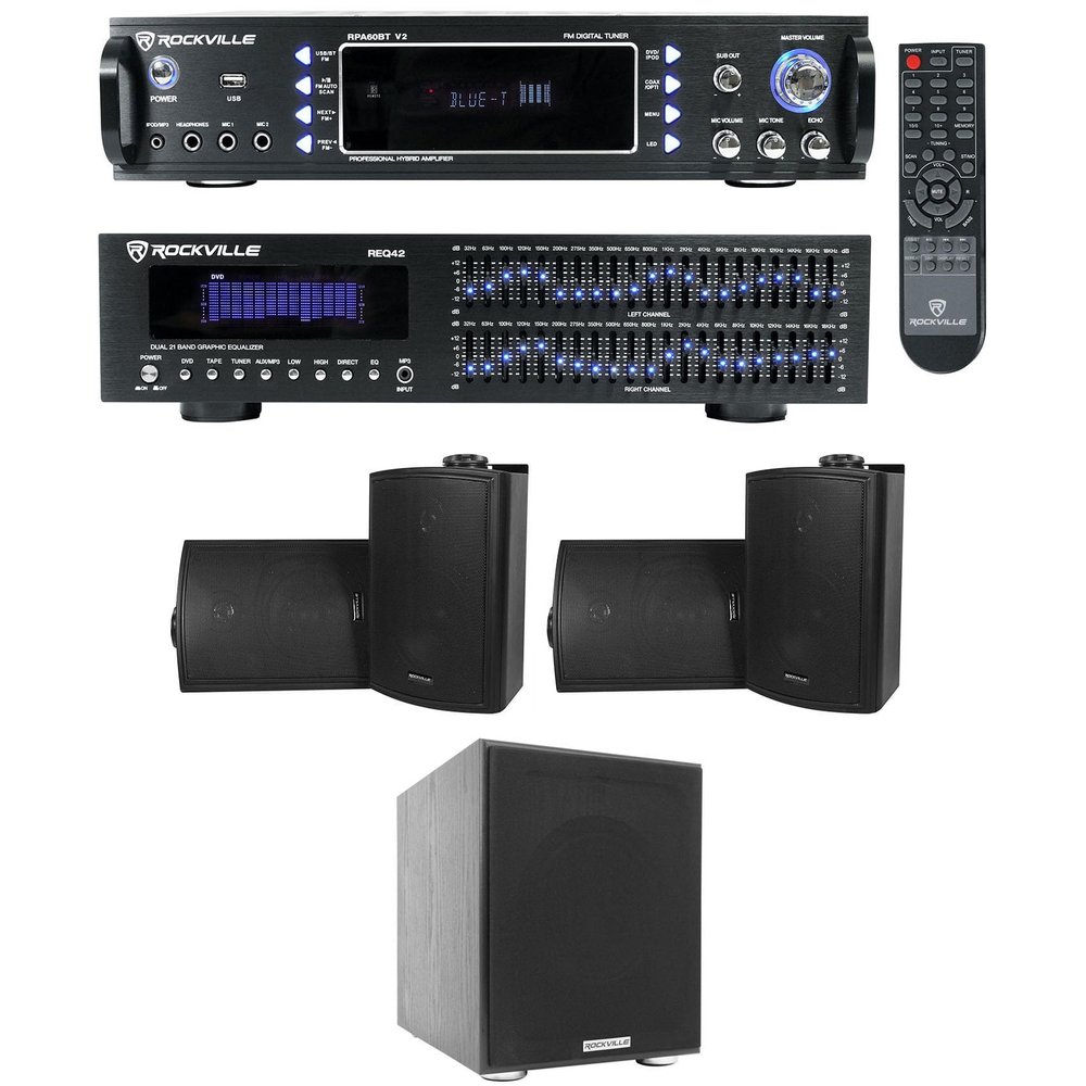 Rockville Bundle: RPA60BT V2 1000W 2-ch Bluetooth Amplifier Mixer Bundle with 2x21 band Rack Mount Equalizer, (4) 5.25" Black Wall Mount Home Speakers & Rock Shaker 8" Home Theater Subwoofer (5 items)