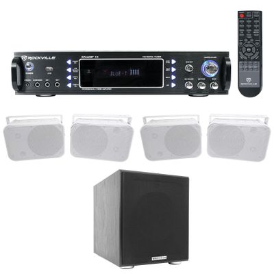 Rockville Bundle: RPA60BT V2 1000W 2-ch Bluetooth DJ Amplifier Mixer Bundle with (4) HP65S-8 6.5" Home Theater Speakers w/Swivel Bracket & Rock Shaker 8" Black 400W Home Theater Subwoofer (4 Items)