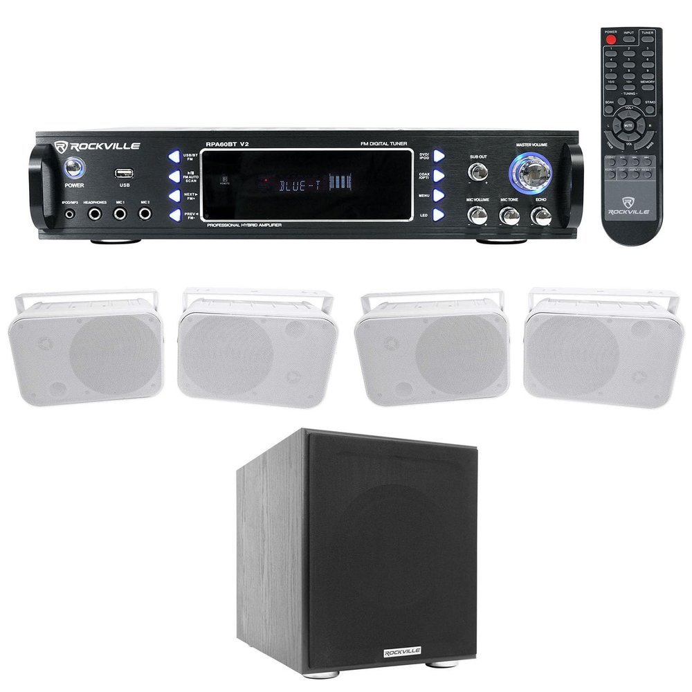 Rockville Bundle: RPA60BT V2 1000W 2-ch Bluetooth DJ Amplifier Mixer Bundle with (4) HP65S-8 6.5" Home Theater Speakers w/Swivel Bracket & Rock Shaker 8" Black 400W Home Theater Subwoofer (4 Items)