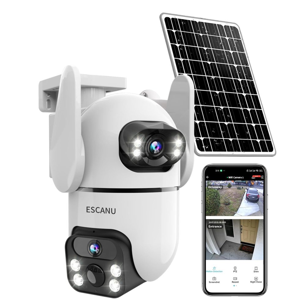 ESCANU Dual Lens Security Cameras Wireless Outdoor for Home Security,WiFi,2-Way Audio,Night Vision,Motion Detection,No mothly fee Cameras,IP65 Water Proof