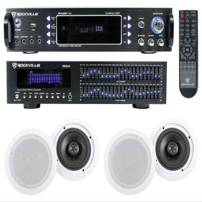 Rockville Bundle: RPA60BT V2 1000W 2-ch Bluetooth DJ Amplifier Mixer Bundle with REQ42-B Black 19" Rack Mount Band Equalizer & (2) Pair HC655 6.5" 500W 8-Ohm In-Ceiling Home Theater Speakers (4 items)