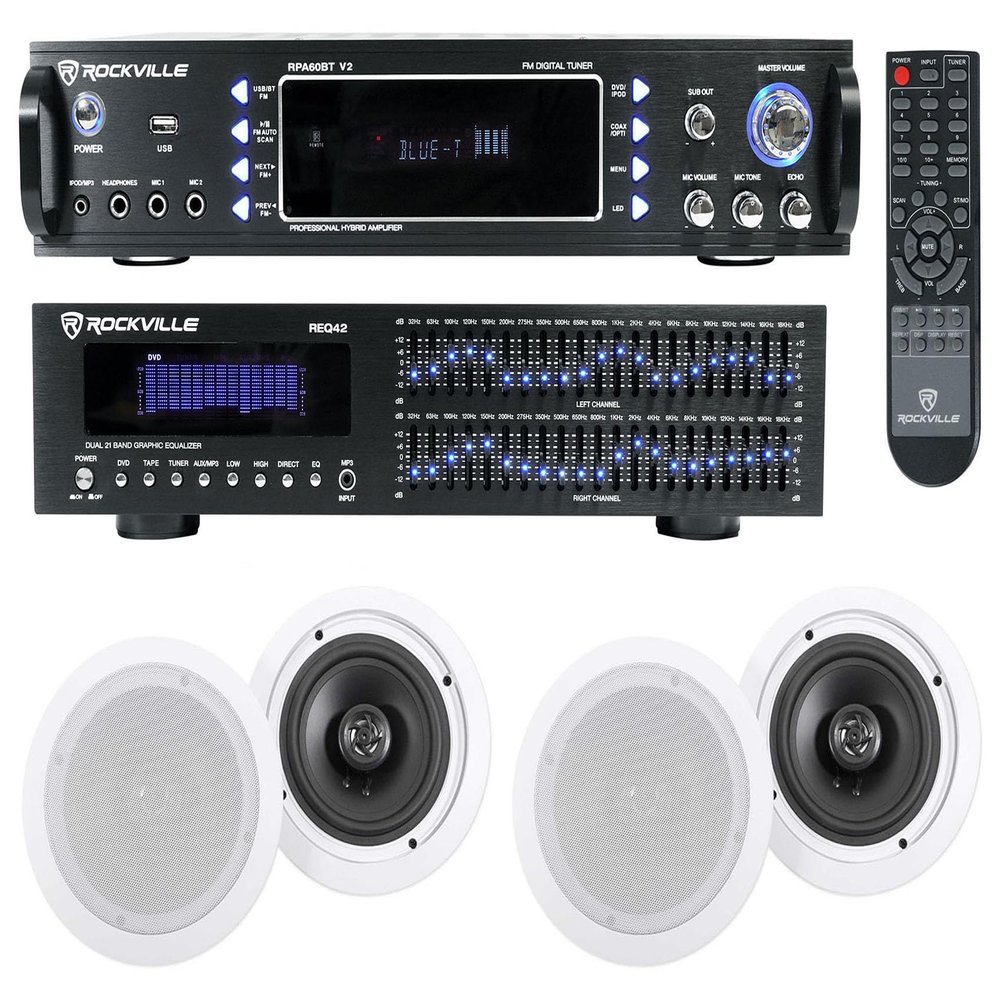 Rockville Bundle: RPA60BT V2 1000W 2-ch Bluetooth DJ Amplifier Mixer Bundle with REQ42-B Black 19" Rack Mount Band Equalizer & (2) Pair HC655 6.5" 500W 8-Ohm In-Ceiling Home Theater Speakers (4 items)