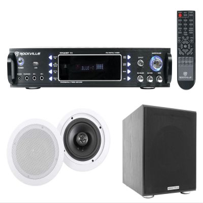Rockville Bundle: RPA60BT V2 1000W 2-ch Bluetooth DJ Amplifier Mixer Bundle with Pair HC655 6.5" 500W 8-Ohm in-Ceiling Home Speakers & Rock Shaker 8" Black 400W Home Theater Subwoofer (3 Items)