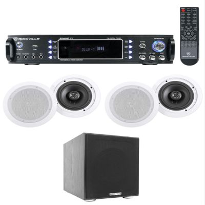 Rockville Bundle: RPA60BT V2 1000W 2-ch Bluetooth DJ Amplifier Mixer Bundle with (2) Pair HC655 6.5" 500W 8-Ohm in-Ceiling Home Speakers & Rock Shaker 8" Black 400W Home Theater Subwoofer (4 Items)
