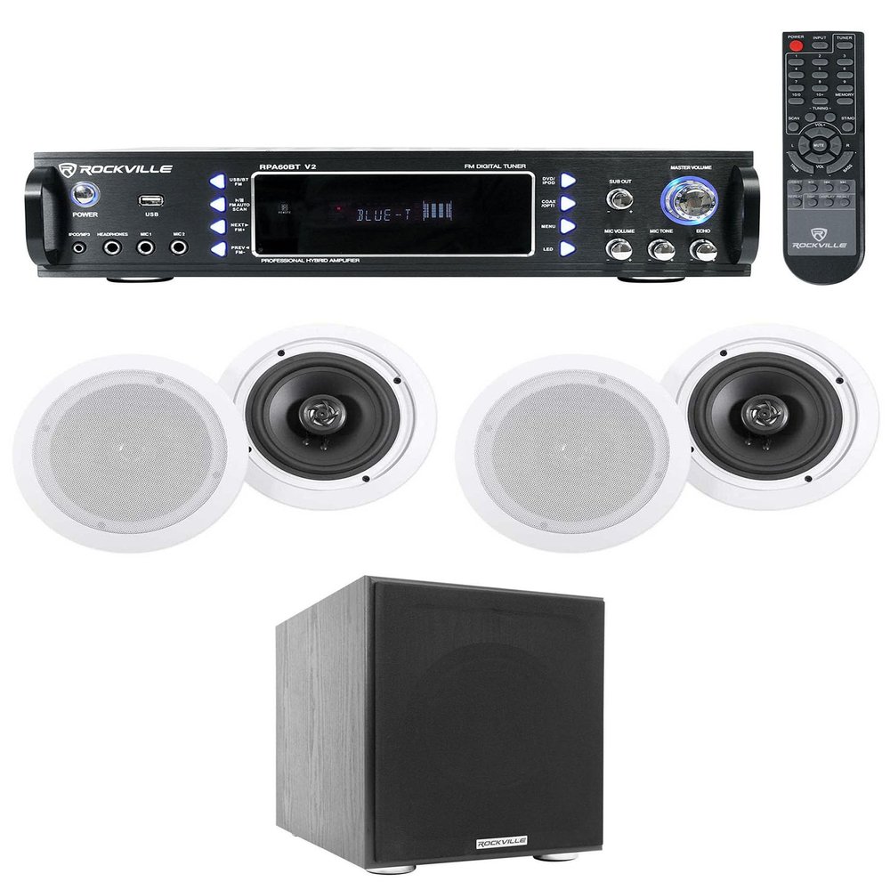Rockville Bundle: RPA60BT V2 1000W 2-ch Bluetooth DJ Amplifier Mixer Bundle with (2) Pair HC655 6.5" 500W 8-Ohm in-Ceiling Home Speakers & Rock Shaker 8" Black 400W Home Theater Subwoofer (4 Items)