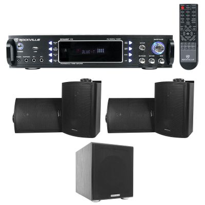 Rockville Bundle: RPA60BT V2 1000W 2-ch Bluetooth DJ Amplifier Mixer Bundle with (4) HP5S-8 BK Black 5.25" 8-Ohm Wall Mount Home Speakers & Rock Shaker 8" Black 400W Home Theater Subwoofer (4 Items)