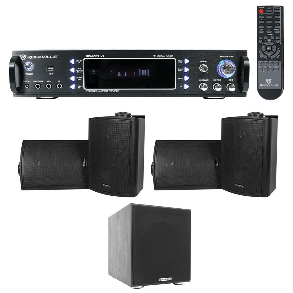 Rockville Bundle: RPA60BT V2 1000W 2-ch Bluetooth DJ Amplifier Mixer Bundle with (4) HP5S-8 BK Black 5.25" 8-Ohm Wall Mount Home Speakers & Rock Shaker 8" Black 400W Home Theater Subwoofer (4 Items)