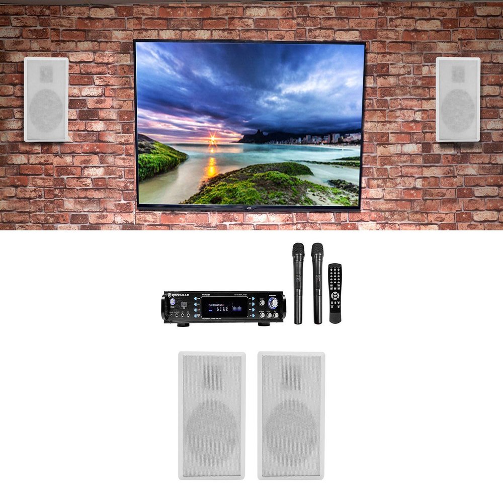 Rockville Bundle: RPA70WBT V2 1000w 2-Ch Bluetooth Karaoke Amplifier/Mixer+(2) Mics Bundle with (2) Pair Rockville RockSlim White Home Theater 5.25" 240w Easy Wall Mount Slim Speakers (3 Items)