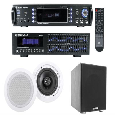 Rockville Bundle: RPA60BT V2 1000W 2-ch Bluetooth Amplifier Mixer Bundle with 2x21 Band Rack Mount Equalizer, Pair 6.5" 500W 8-Ohm In-Ceiling Speakers & Rock Shaker 8" Home Theater Subwoofer (4 items)