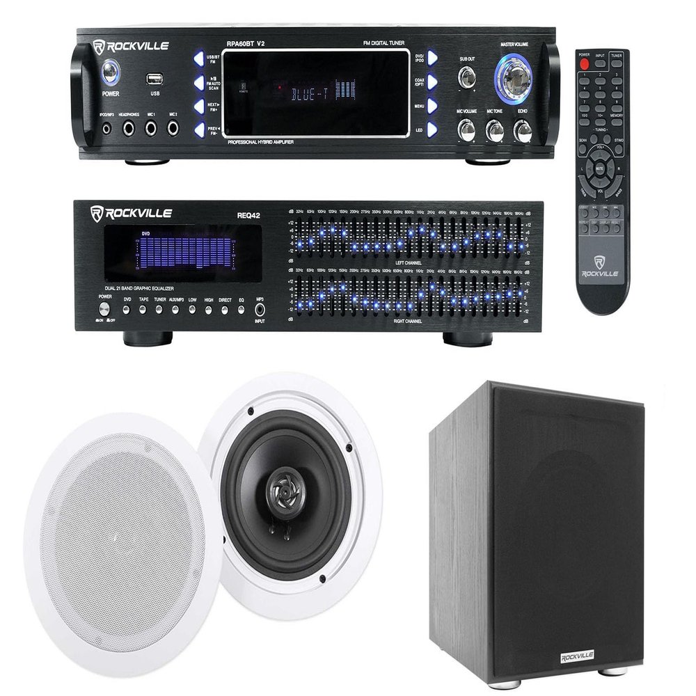 Rockville Bundle: RPA60BT V2 1000W 2-ch Bluetooth Amplifier Mixer Bundle with 2x21 Band Rack Mount Equalizer, Pair 6.5" 500W 8-Ohm In-Ceiling Speakers & Rock Shaker 8" Home Theater Subwoofer (4 items)