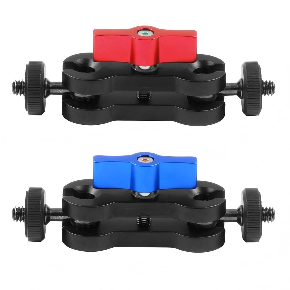 DIVJINGHAO Dual Ball Head Camera Magic Arm Compatible with GoPro13 CNC Aluminum Alloy 360 Adjustable Mount with Anti-Drop Thumb Screw, 1/4" Screw & Quick Release Clamp (2 Pack,Red+Blue) (MG-arm)