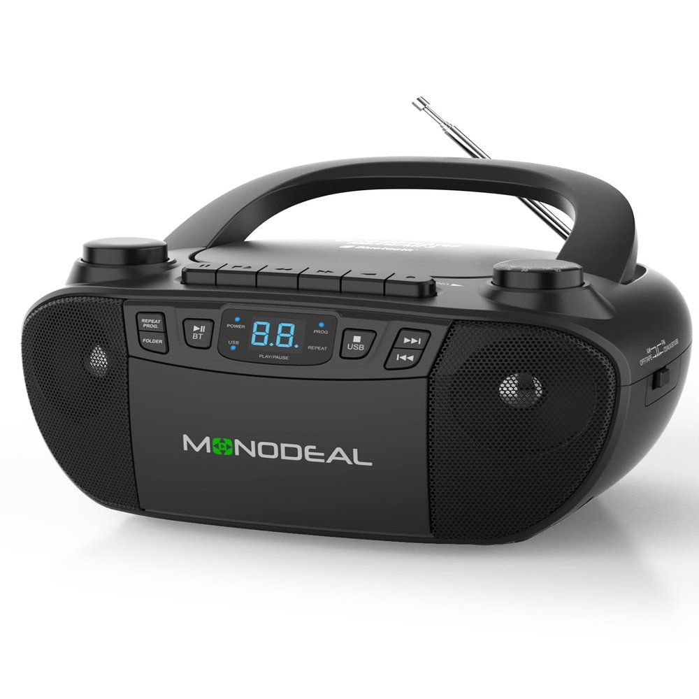 MONODEAL Cassette Tape Player with Bluetooth, Boom Box CD Player AM FM Radio, Multi-Functional CD and Cassette Player Combo,Tape Recording,USB/AUX,AC/DC Power,Headphone Jack for Gift