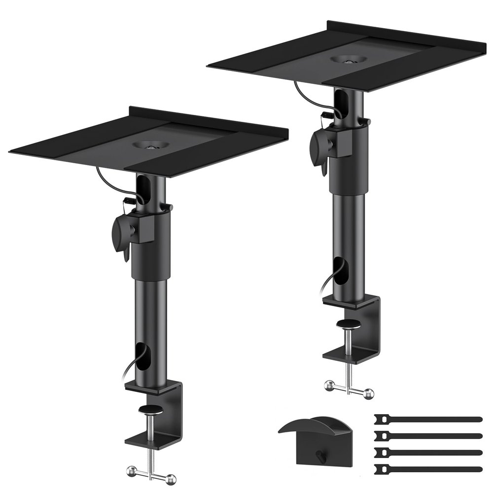 Clamp-on Desktop Speaker Stands Pair for Klipsch Bookshelf Speaker Stand - Height Adjustable Speaker Stand Desk for Klipsch R-50M, R-51M, R-41M, R-15PM and More Speakers Desk Stand Wr Cable Management