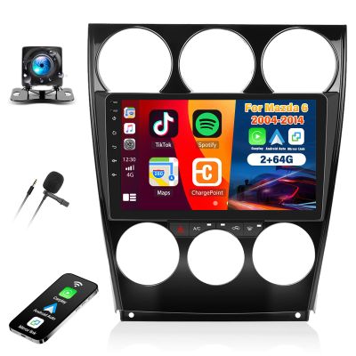 2G+64G Car Radio for Mazda 6 2004-2014 with Wireless Carplay Android Auto,9 inch Touchscreen Mazda 6 Car Stereo Radio Support Mirror Link WiFi/GPS Navigation Bluetooth FM RDS EQ SWC AHD Backup Camrea