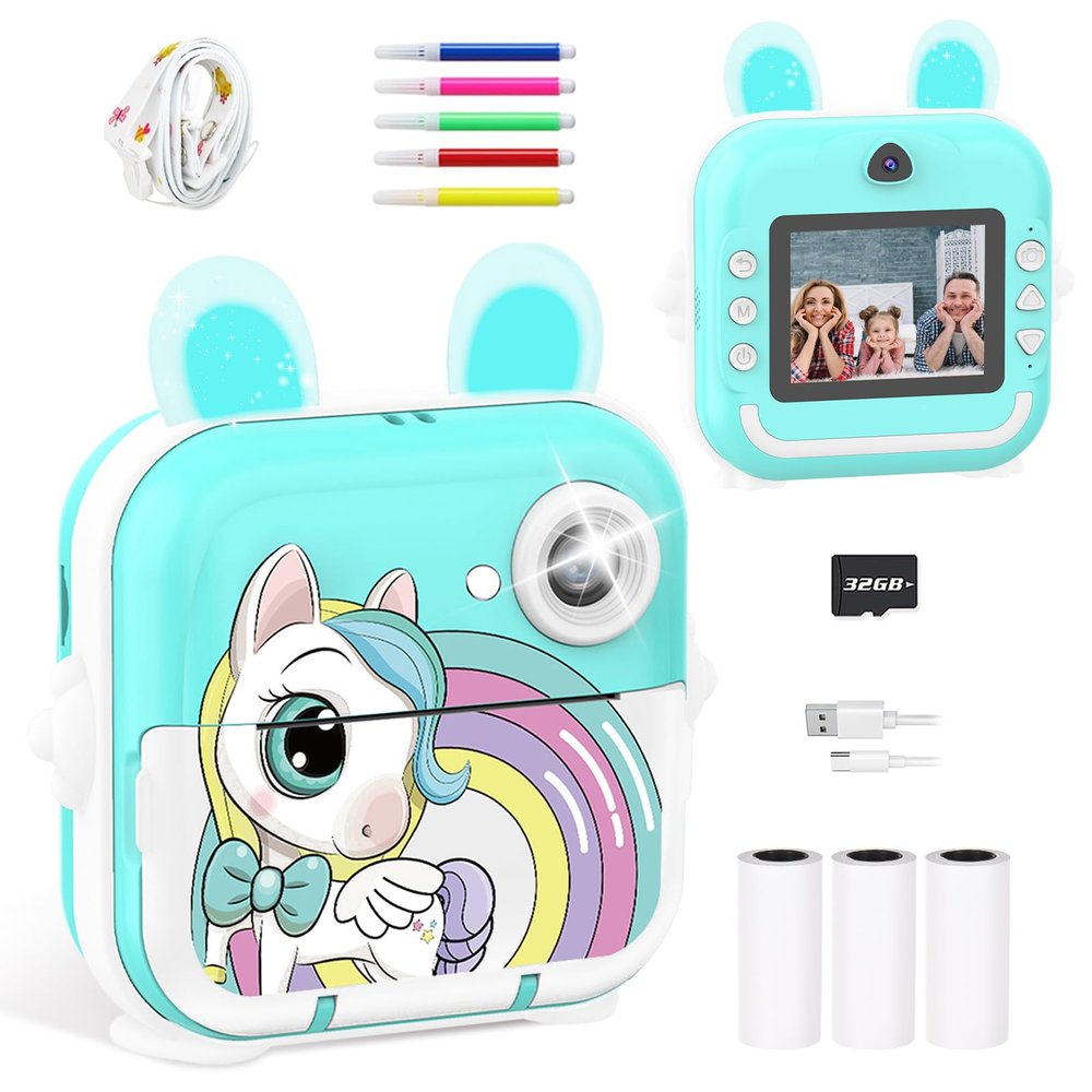 Kids Camera Instant Print Girls Boys, 2,4" HD 1080P, 32GB Card, with Photo Paper and Colored Pens, Instant Camera Holiday Birthday Gifts, Printable Toddler Portable Travel Print Toy (Blue)