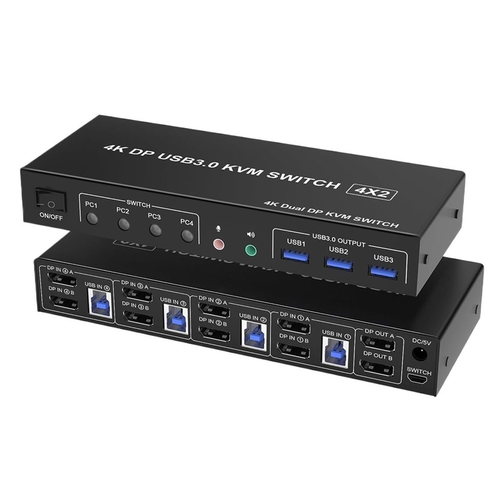 L6AS0F7 4 Port HDMI KVM USB 3.0 Switch 4X2 Dual Monitor 4K@60Hz Extended Display DP KVM Switch 4 in 2 Out for 4 PC Share Keyboard Mouse(ZY-AHD42U,UK Power Plug)