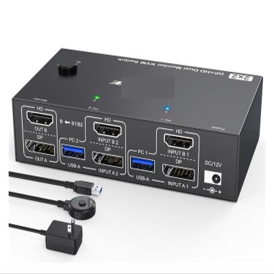 Y0S3QZ1 4K@144Hz KVM Switch 2 Monitors 2 Computers 8K@60Hz,HDMI +Displayport Dual Monitor with 4 USB 3.0 Port for Keyboard Mouse Printer(AU Power Adapter)