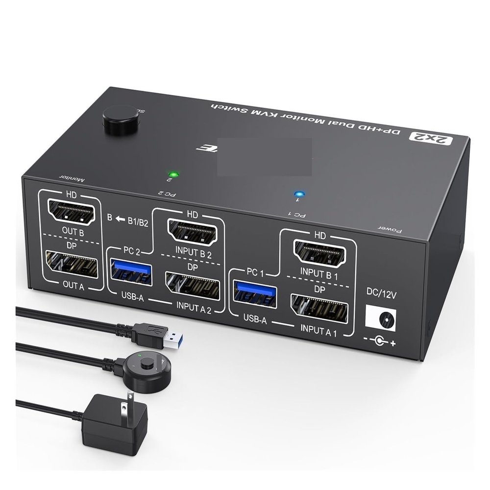 Y0S3QZ1 4K@144Hz KVM Switch 2 Monitors 2 Computers 8K@60Hz,HDMI +Displayport Dual Monitor with 4 USB 3.0 Port for Keyboard Mouse Printer(AU Power Adapter)