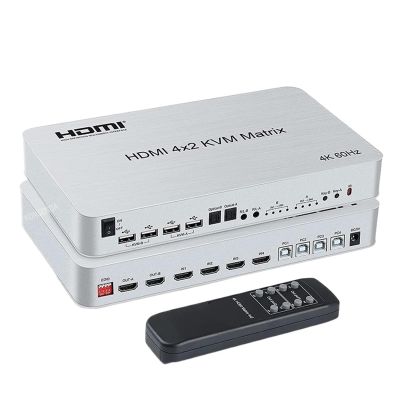 L6AS0F7 4 Port USB HDMI KVM Matrix 4x2 Dual Monitor 4K 60Hz HDMI Matrix Switch Splitter Audio Video Converter Support USB Keyboard Mouse(US Plug)