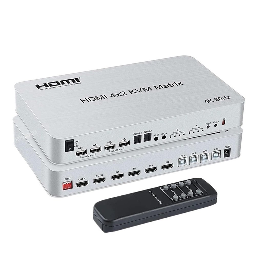 L6AS0F7 4 Port USB HDMI KVM Matrix 4x2 Dual Monitor 4K 60Hz HDMI Matrix Switch Splitter Audio Video Converter Support USB Keyboard Mouse(US Plug)