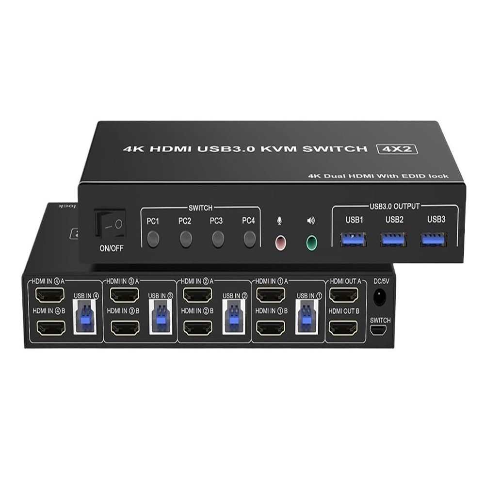 L6AS0F7 4 Port HDMI USB 3.0 KVM Switch 4X2 Dual Monitor 4K@60Hz Extended Display DP KVM Switch 4 in 2 Out for 4 PC Share Keyboard Mouse(ZY-AH42U,US Power Plug)