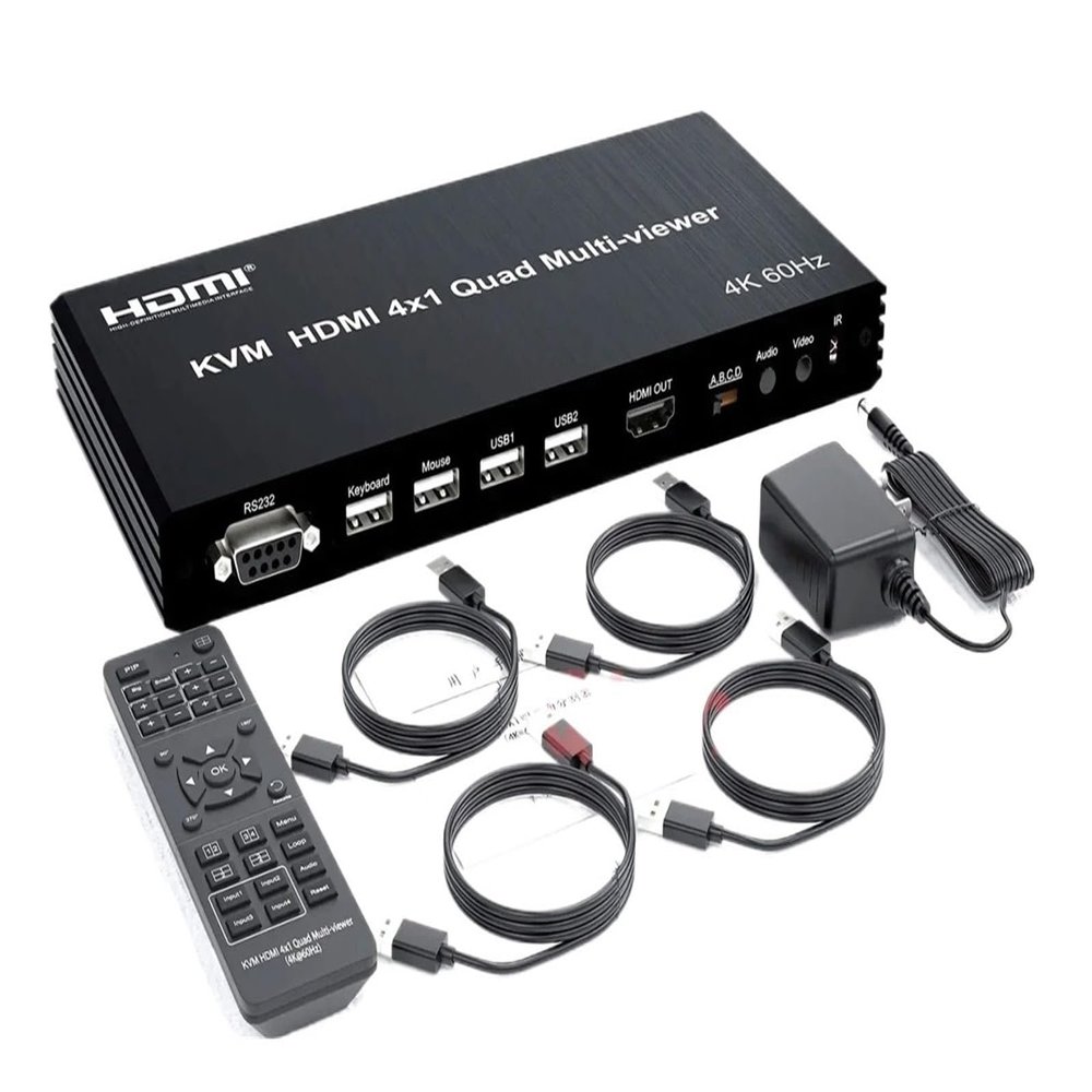 D3LX0Z1 4K 60Hz HDMI Multiviewer KVM Switch 4x1 USB Quad Multi-Viewer PIP 90 180 Flip for 4 PCs Share USB Keyboard and Mouse Control(with AU Plug)
