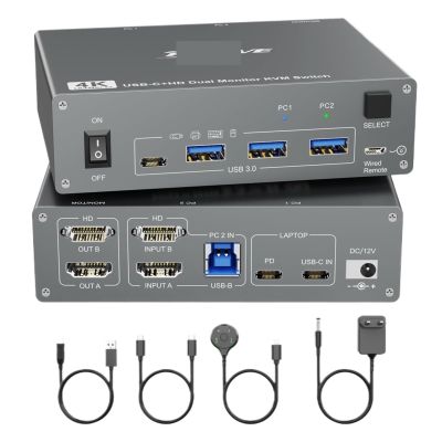 5MNG0Y8 4K KVM Switch 2 Monitors 2 Computers USB C HDMI,Dual Monitor USB 3.0 Typc C KVM Switcher for 2 PC Share Keyboard Mouse Monitor(US Power Adapter)