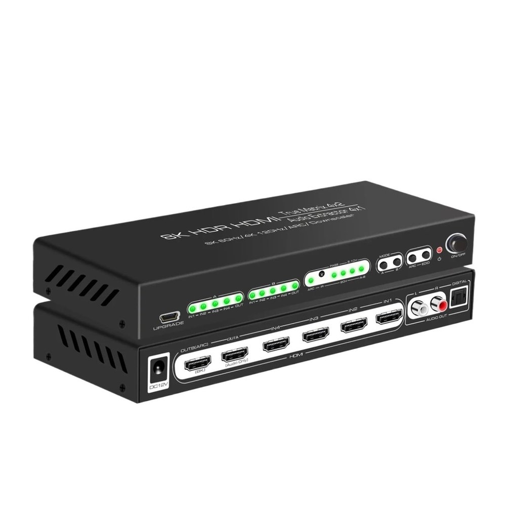 D3LX0Z1 HDMI 2.1 8k Switch 4 in 1 Out Audio Extractor 4 in 2 Out 8K 4x2 HDMI Matrix Video Splitter 4K120Hz 8K60HZ for PS5 Xbox PC to TV(with EU Plug)