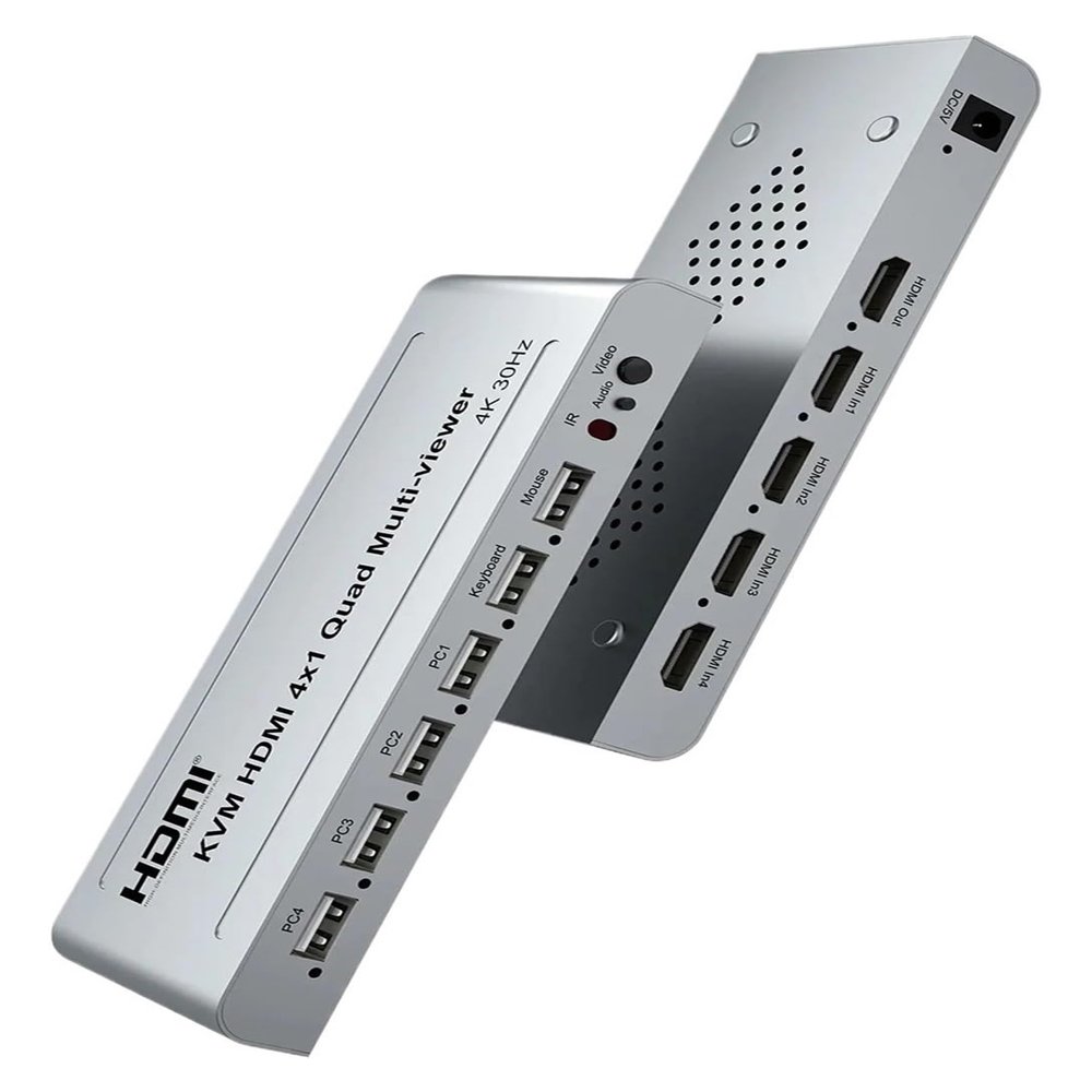 5MNG0Y8 4K HDMI KVM Switch 4x1 with Quad Multi Viewer 4 in 1 Out HDMI Multiviewer USB Switcher 4 in 1 Out for 4 PC Share Mouse Keyboard(KVM 4x1 4K30,EU Plug)