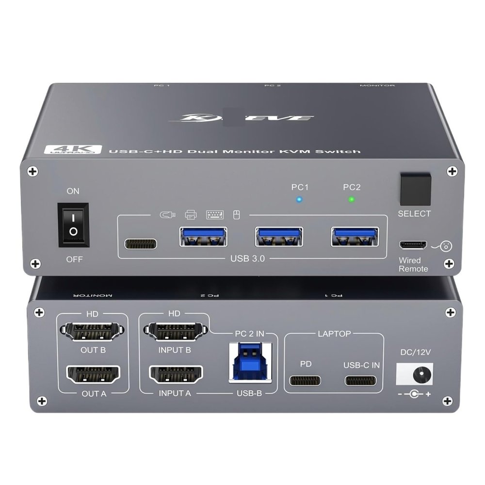 5MNG0Y8 USB C KVM Switch 4K/1080P@60Hz,USB C HDMI Dual Monitor KVM Switch for PC/Laptop Sharing 2 Monitor and 4 USB3.0 Devices, 100W PD(202CC-HDMI)