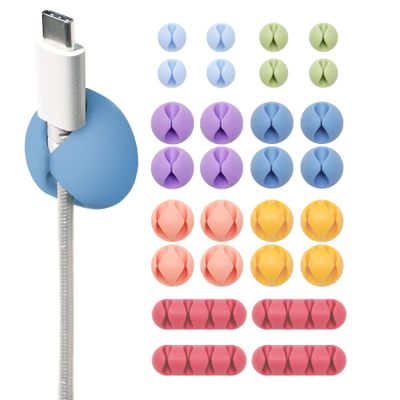 Wrap-It Storage Cable Clips - (Assorted 28-Pack) Macaron - Desk and Nightstand Cable Holder for Phone and Bedside Table Cord Organizer