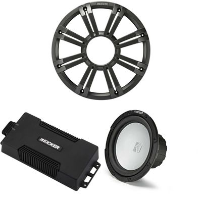 Kicker 48PXA6001 Weatherproof Powersport Mono Amp & 10" 2 Ohm Free-Air Marine Subwoofer (Charcoal Grill)