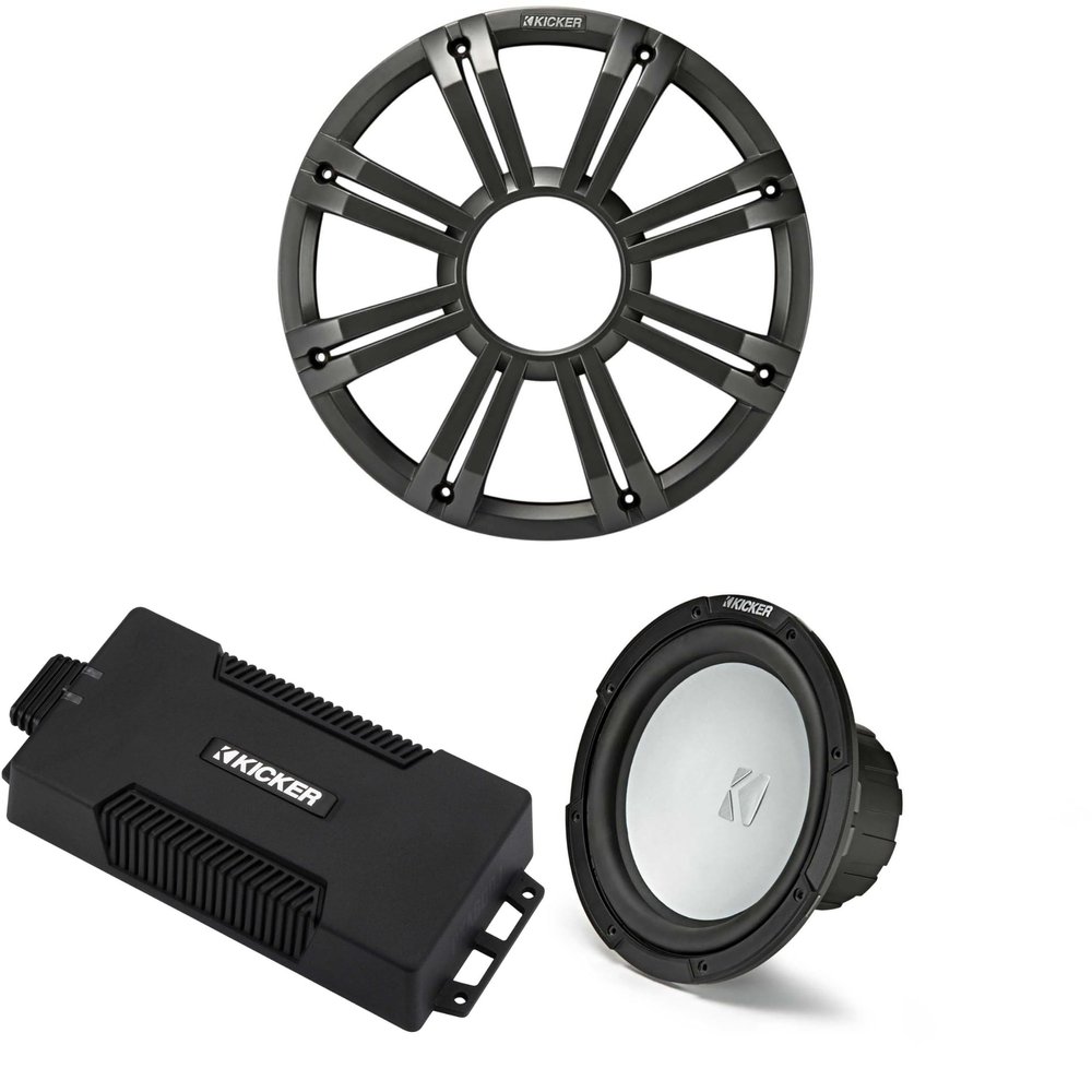 Kicker 48PXA6001 Weatherproof Powersport Mono Amp & 10" 2 Ohm Free-Air Marine Subwoofer (Charcoal Grill)