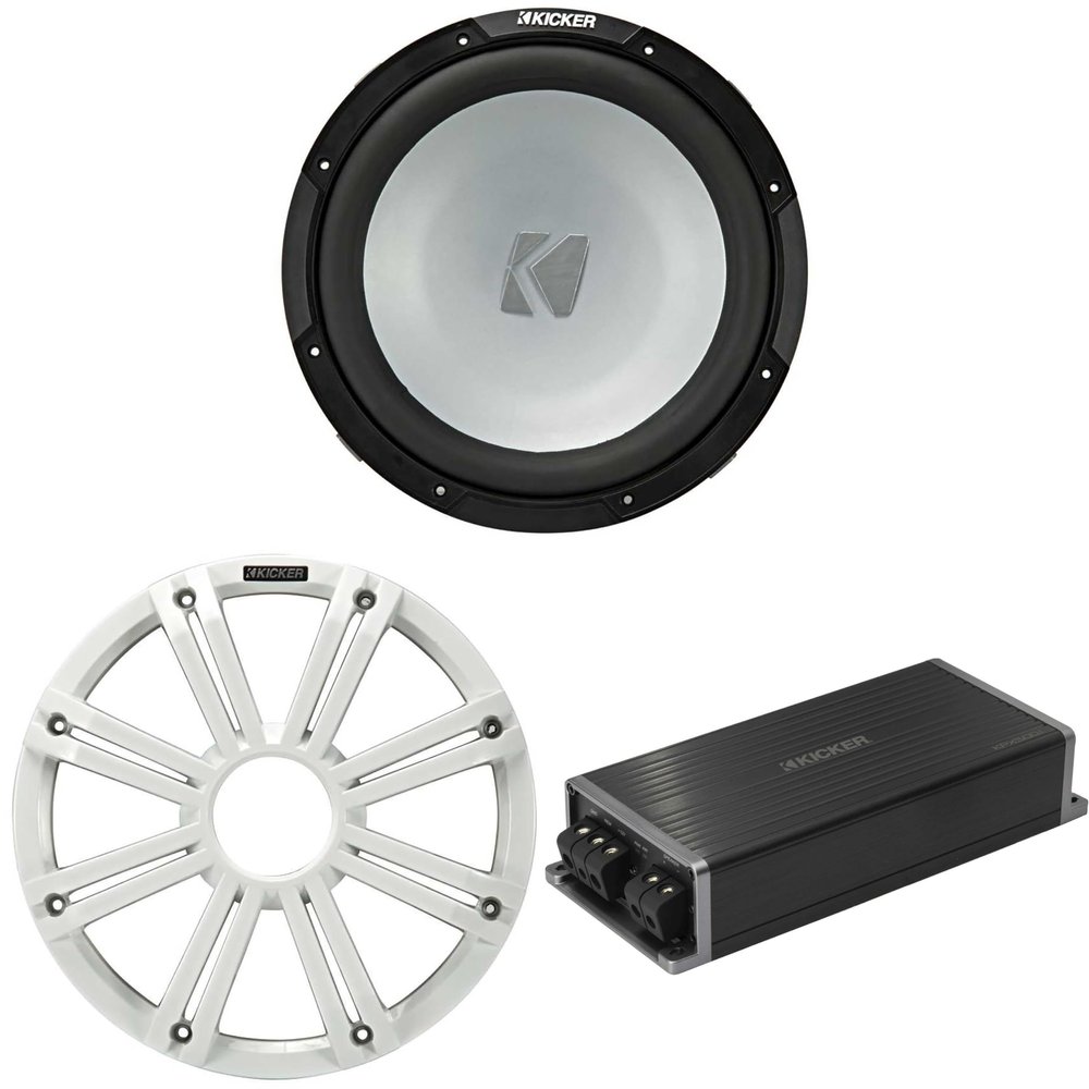 Kicker Marine KPX500.1 Powersports Amp & 12" 2 Ohm (White Grill) Subwoofer Audio Upgrade