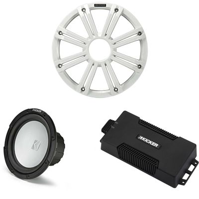 Kicker 48PXA6001 Weatherproof Powersport Mono Amp & 10" 4 Ohm Marine Subwoofer (White Grill)