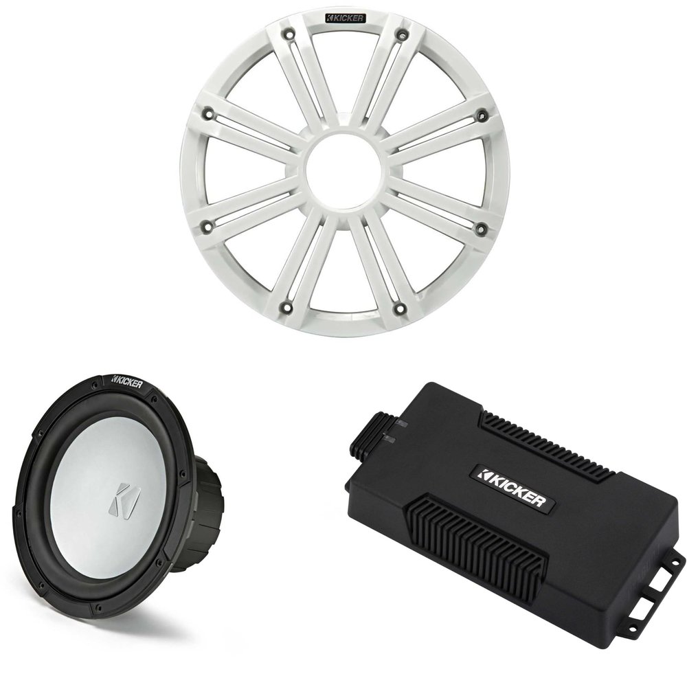 Kicker 48PXA6001 Weatherproof Powersport Mono Amp & 10" 4 Ohm Marine Subwoofer (White Grill)