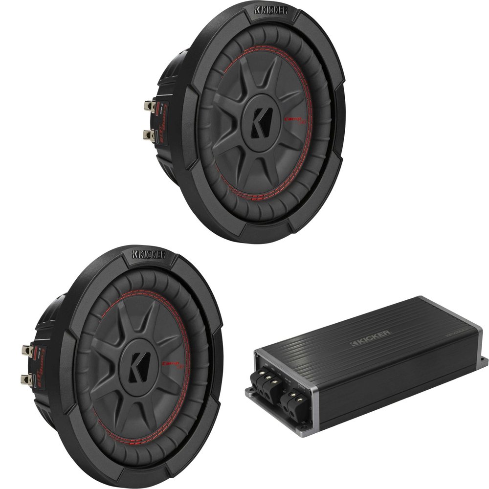 KICKER Marine KPX500.1 Powersports Amp & (2) 8" CompRT DVC 2 Ohm. Subwoofer Audio Upgrade